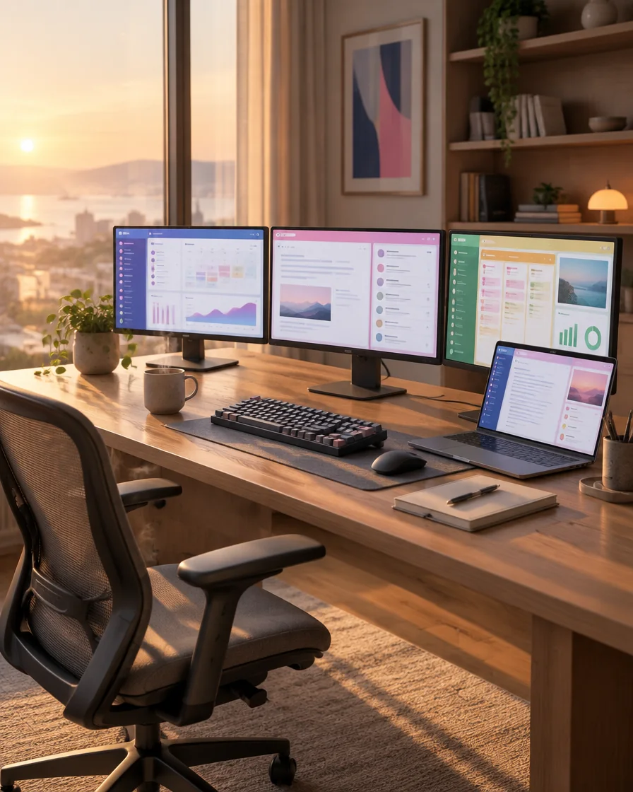 A calm home-office desk at sunrise: three monitors and a laptop, every app window neatly in its place